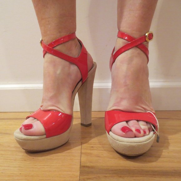 LAST CHANCE NIB CHON Red Leather Patent & Cream Suede SEXY Platform Sandals - Picture 1 of 10
